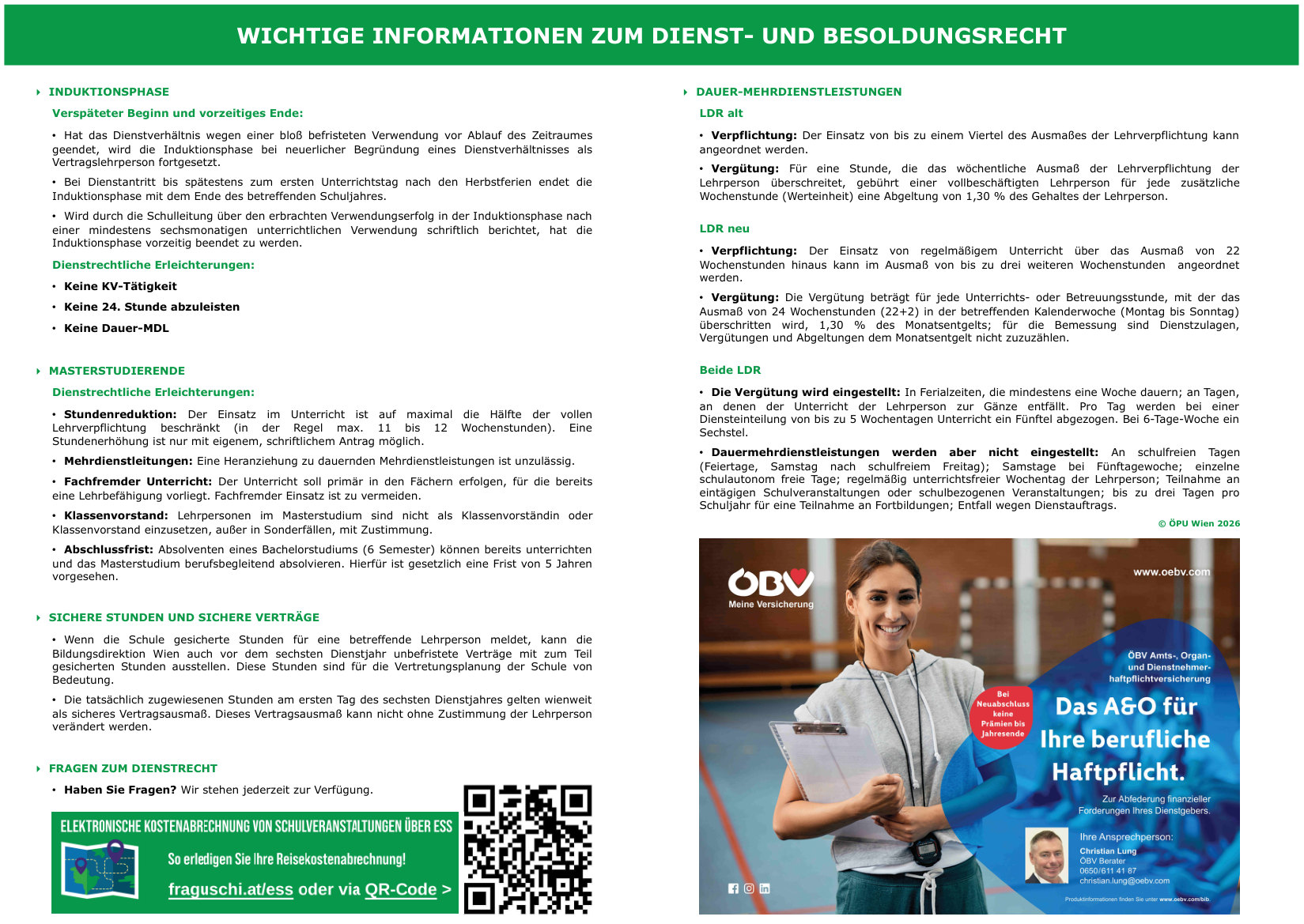 Vorschau der Rückseite des ÖPU-Wien Kalenders 2026/27 mit Informationen zum Dienst- und Besoldungsrecht