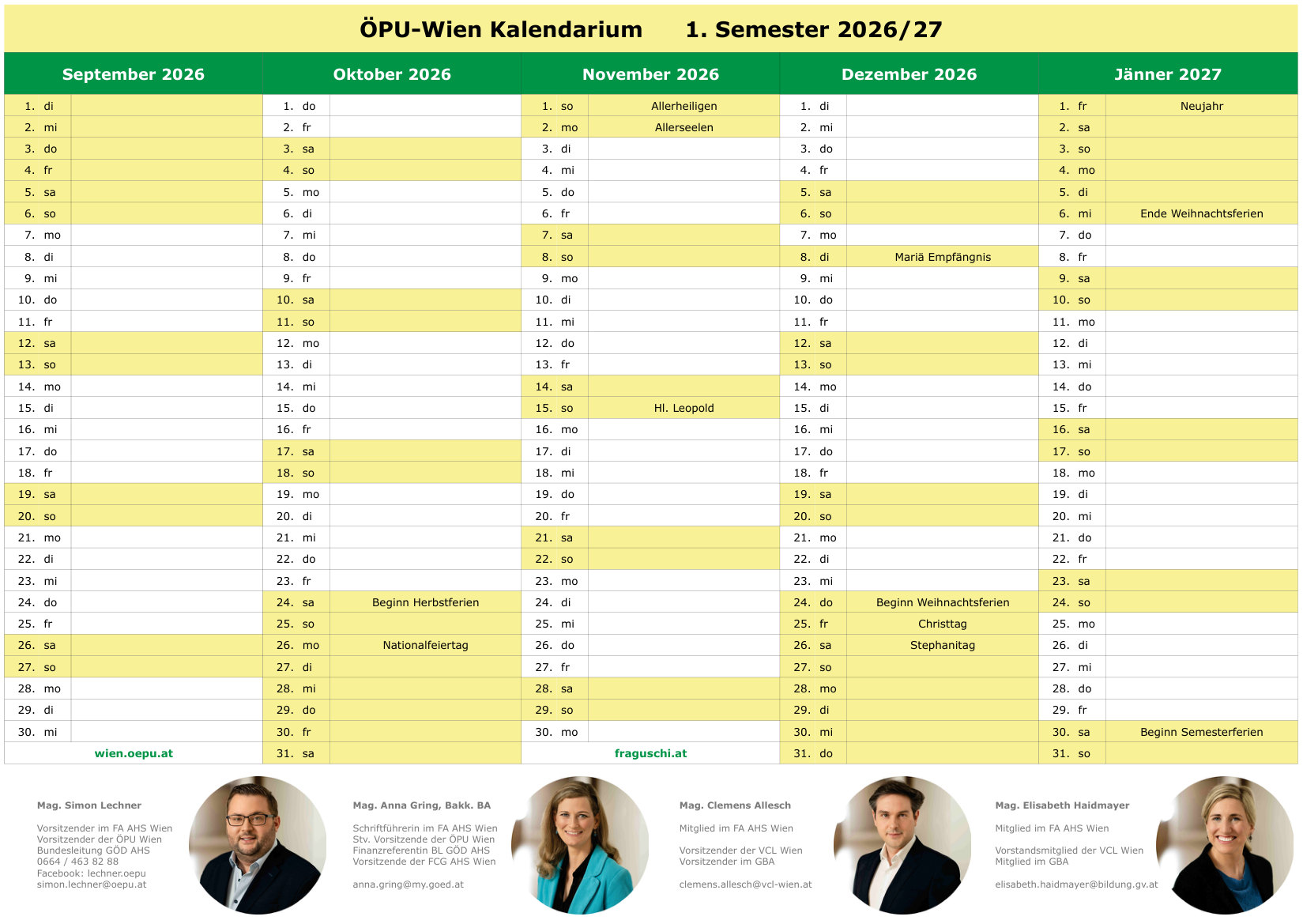 Vorschau der Vorderseite des ÖPU-Wien Kalenders 2026/27 mit Kalendarium September 2026 bis Jänner 2027